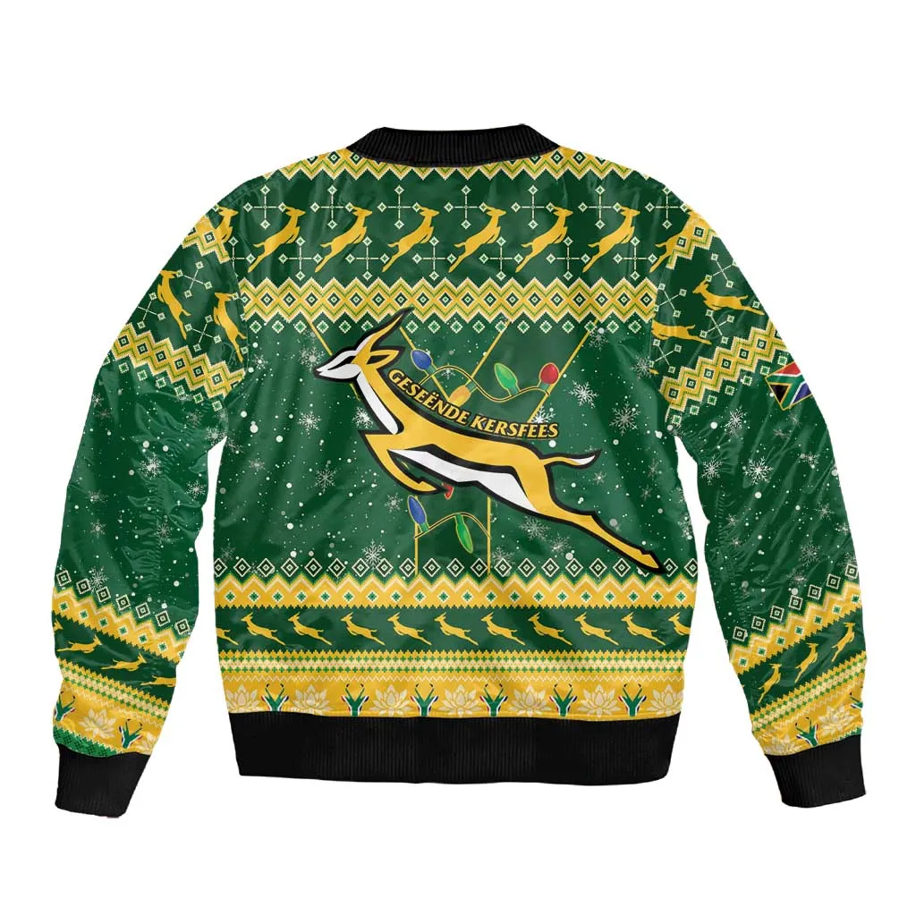 South Africa Christmas Rugby Sleeve Zip Bomber Jacket Springboks Geseende Kersfees LT15