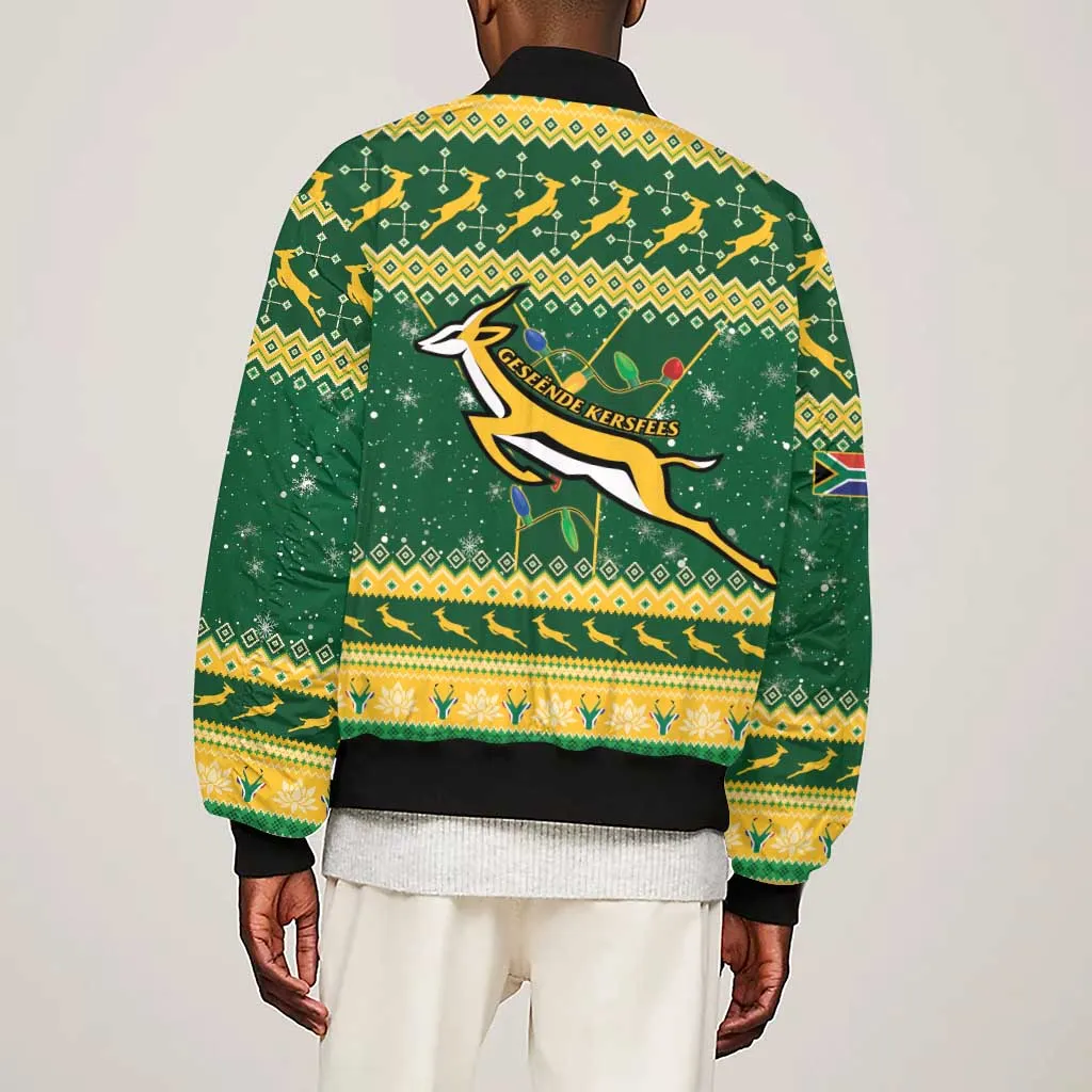 South Africa Christmas Rugby Sleeve Zip Bomber Jacket Springboks Geseende Kersfees LT15