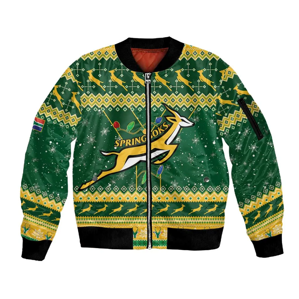 South Africa Christmas Rugby Sleeve Zip Bomber Jacket Springboks Geseende Kersfees LT15