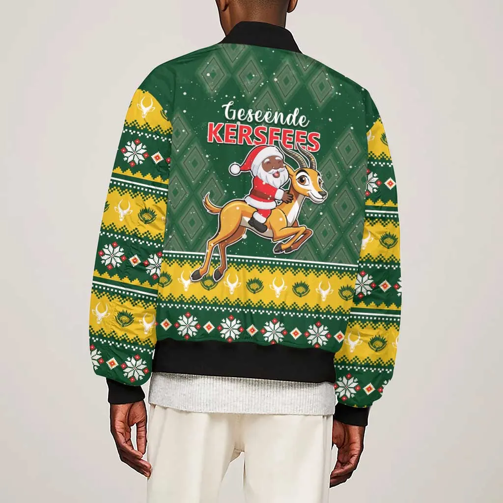 South Africa Christmas Sleeve Zip Bomber Jacket Funny Santa Riding Springbok LT05