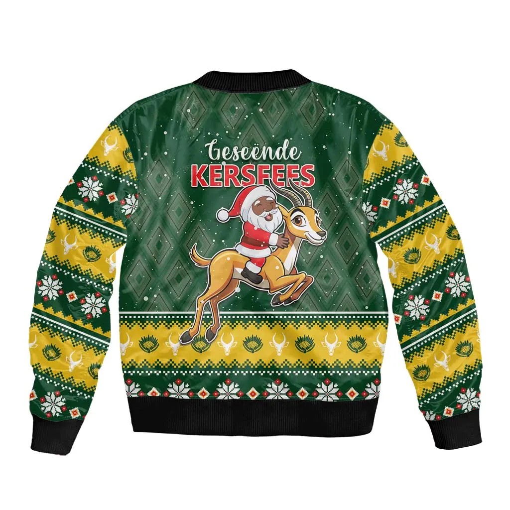South Africa Christmas Sleeve Zip Bomber Jacket Funny Santa Riding Springbok LT05