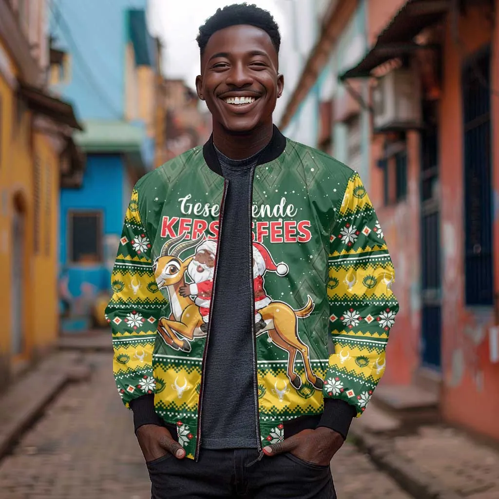 South Africa Christmas Sleeve Zip Bomber Jacket Funny Santa Riding Springbok LT05