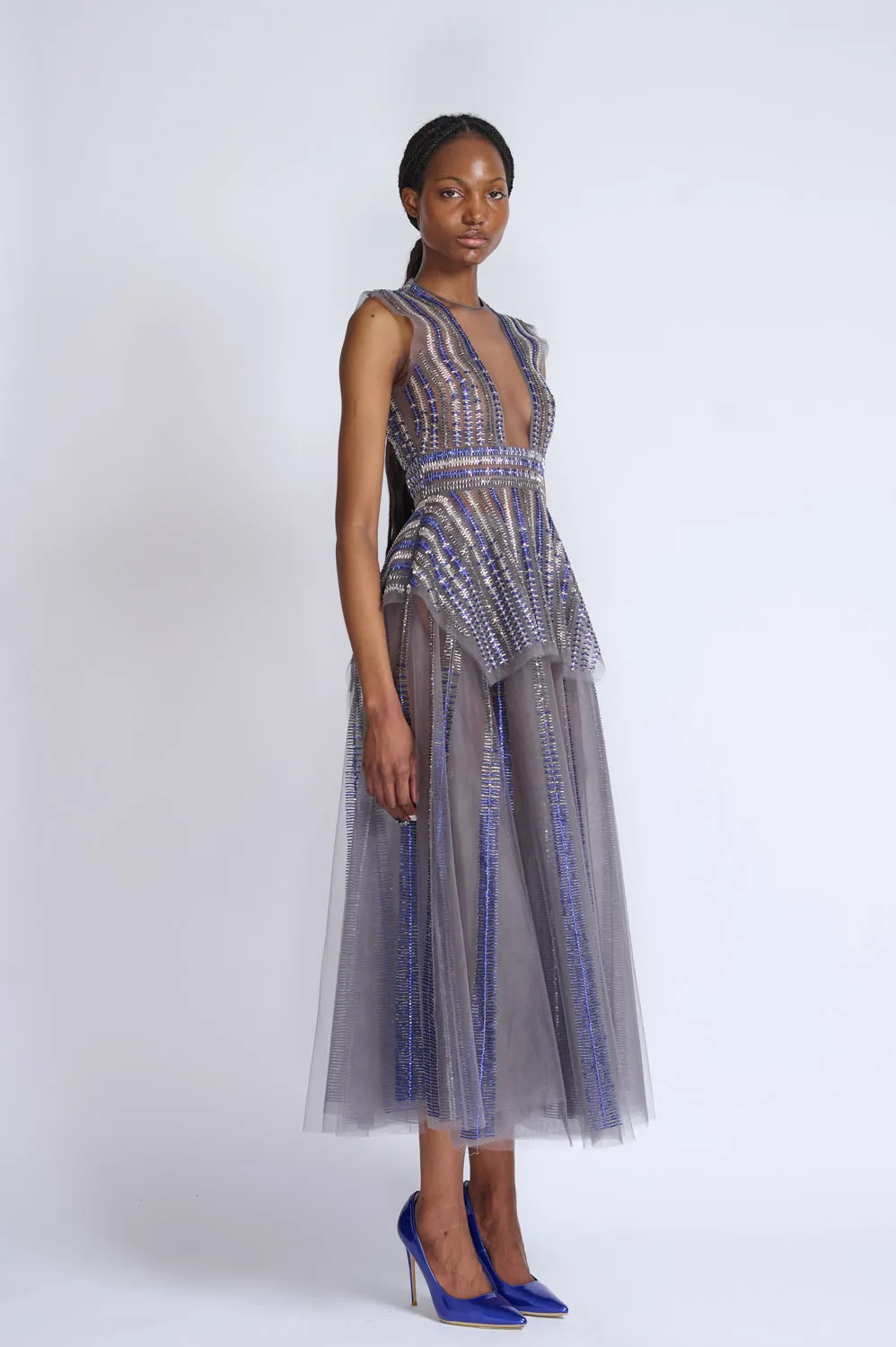 Storm Gray Rayure Embroidery Full Skirt