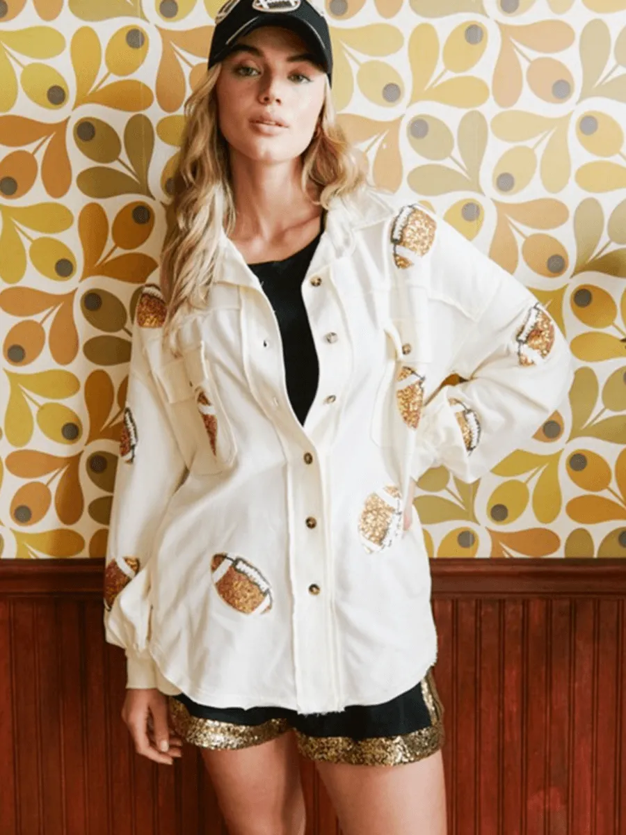 Super Bowl Cheer Oversized Denim Shacket - Cream