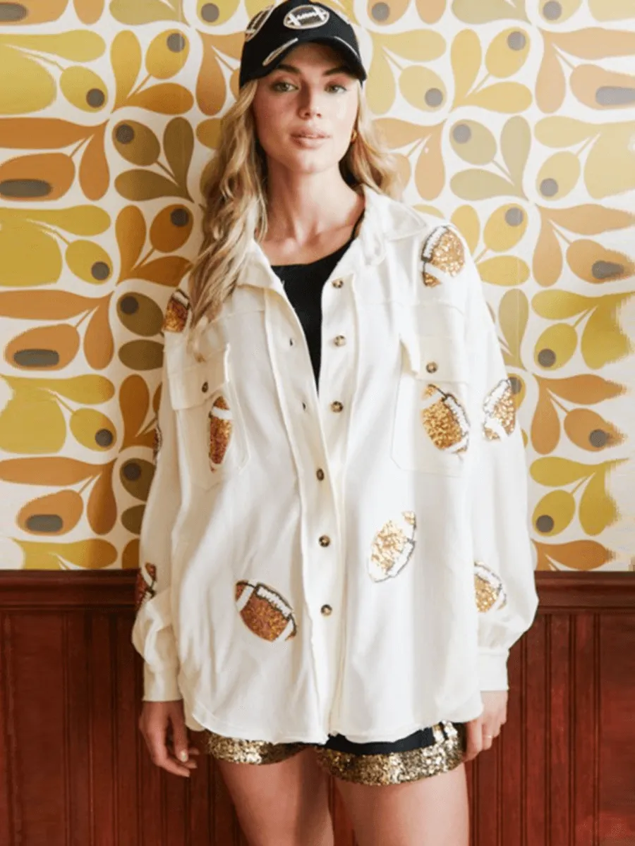 Super Bowl Cheer Oversized Denim Shacket - Cream