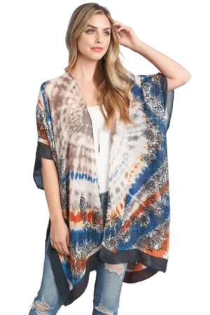 Tie Dye Boho Open Front Kimono Navy/Clay - Pack of 6