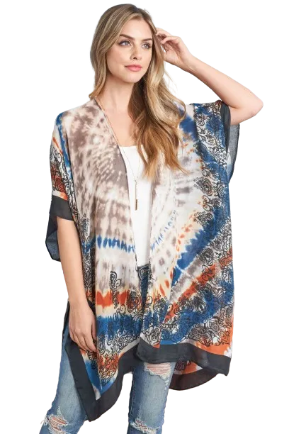 Tie Dye Boho Open Front Kimono Navy/Clay - Pack of 6