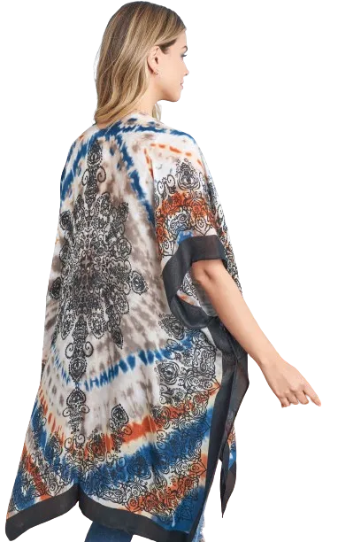 Tie Dye Boho Open Front Kimono Navy/Clay - Pack of 6