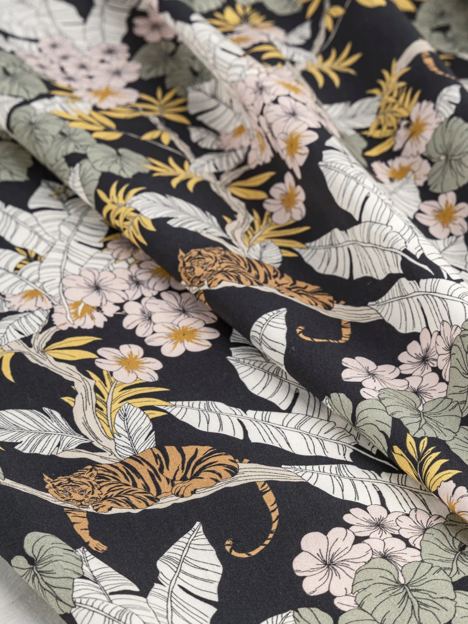 Tiger Floral Print Cotton Poplin - Black   Green   Pink