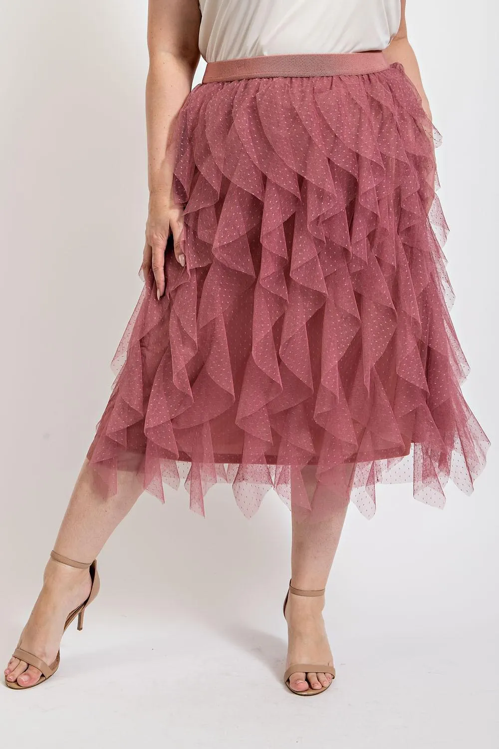 Tulle Ruffled Layered Midi Skirt - Dusty Rose