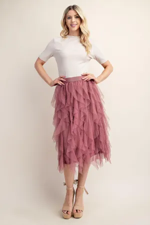 Tulle Ruffled Layered Midi Skirt - Dusty Rose