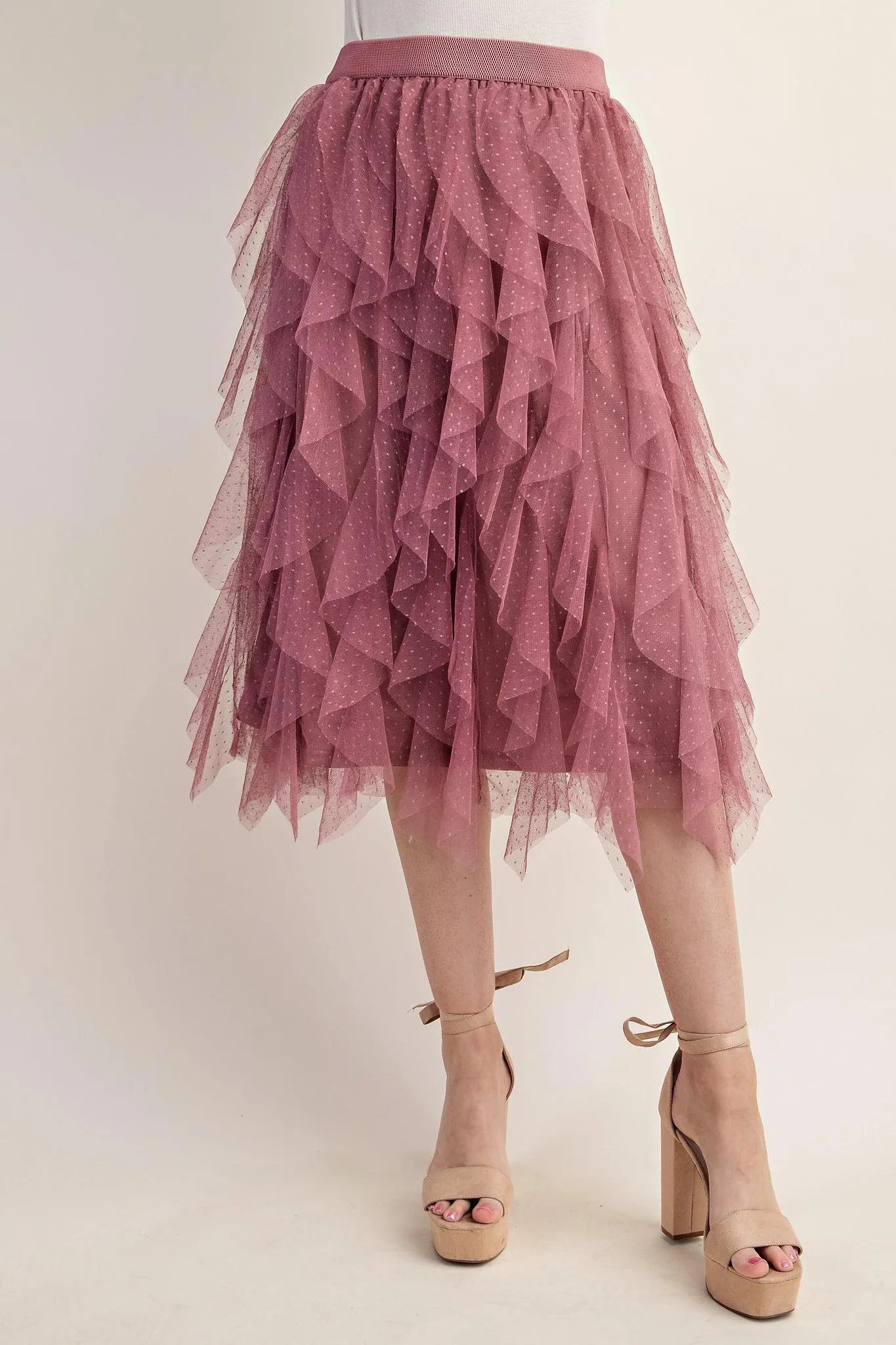 Tulle Ruffled Layered Midi Skirt - Dusty Rose