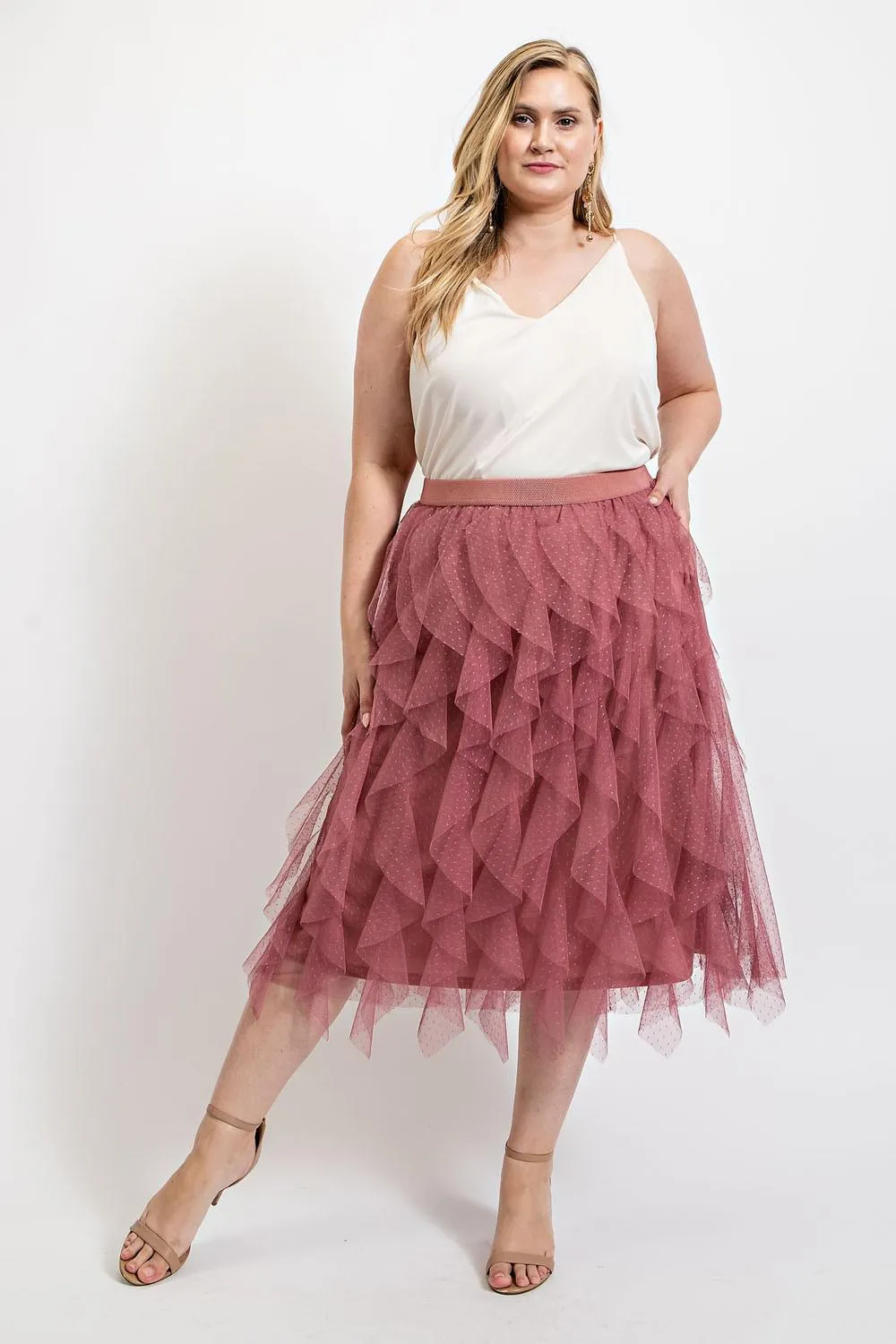 Tulle Ruffled Layered Midi Skirt - Dusty Rose