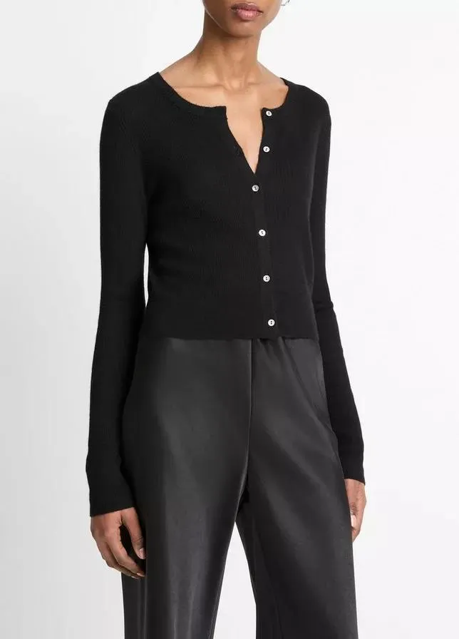 VINCE RIBBED CASHMERE SILK SLIM CARDIGAN