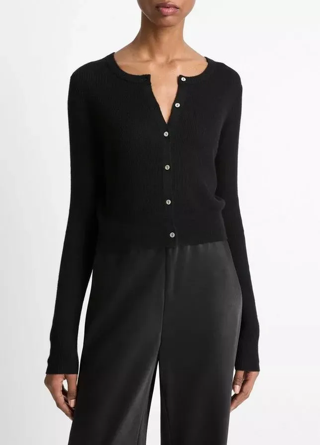 VINCE RIBBED CASHMERE SILK SLIM CARDIGAN