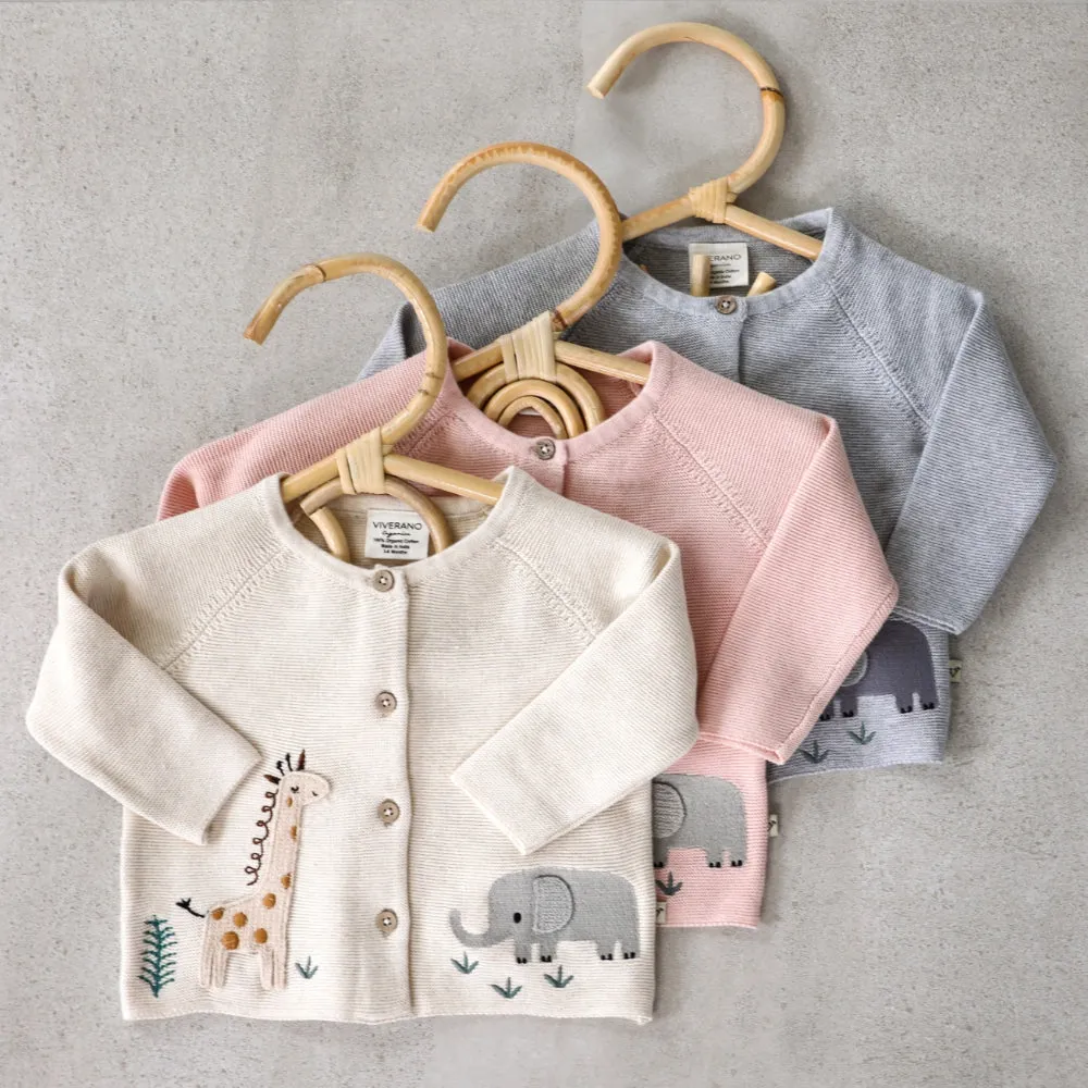 Viverano Organics Animal Safari Embroidered Baby Cardigan Sweater(Organic)-Natural