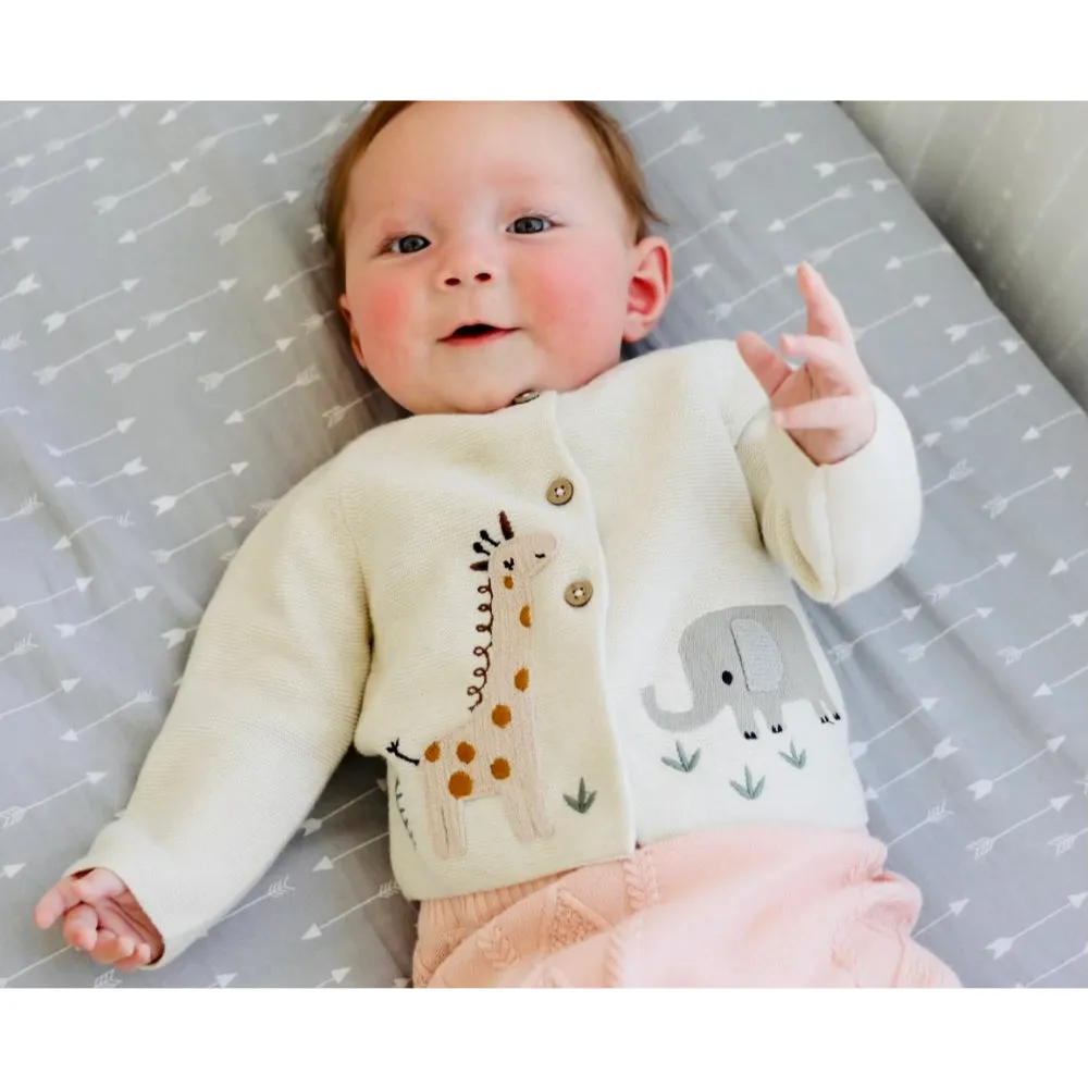 Viverano Organics Animal Safari Embroidered Baby Cardigan Sweater(Organic)-Natural