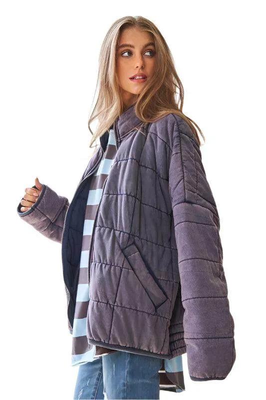 Washed Soft Comfy Quilting Zip Closure Jacket