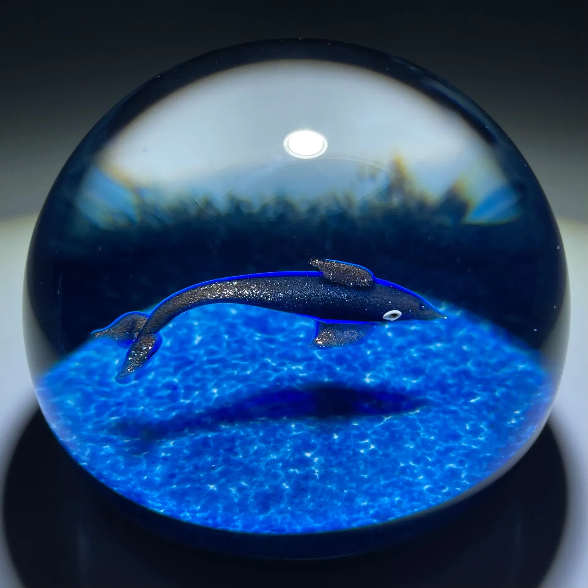 William Manson Caithness Art Glass Paperweight Flamework Blue Aventurine Dolphin