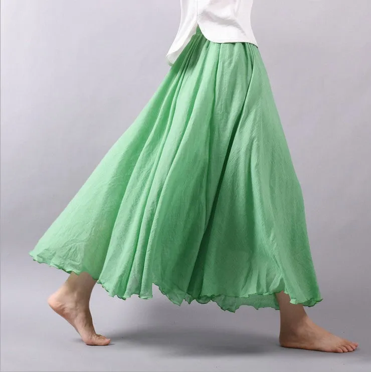 Women Linen Cotton Long Skirts Elastic Waist Pleated Maxi Skirts Beach Boho Vintage Summer Skirts Faldas Saia