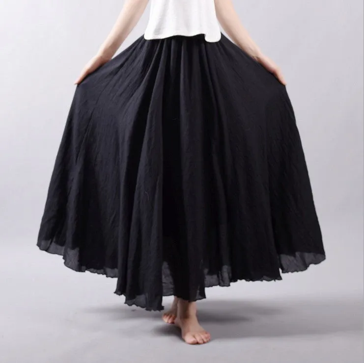Women Linen Cotton Long Skirts Elastic Waist Pleated Maxi Skirts Beach Boho Vintage Summer Skirts Faldas Saia