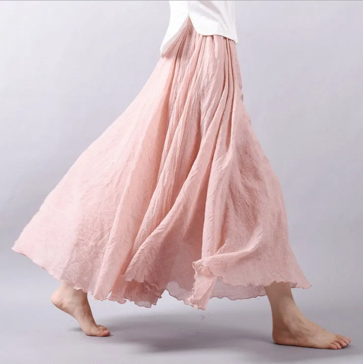 Women Linen Cotton Long Skirts Elastic Waist Pleated Maxi Skirts Beach Boho Vintage Summer Skirts Faldas Saia