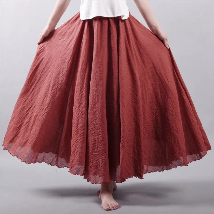 Women Linen Cotton Long Skirts Elastic Waist Pleated Maxi Skirts Beach Boho Vintage Summer Skirts Faldas Saia