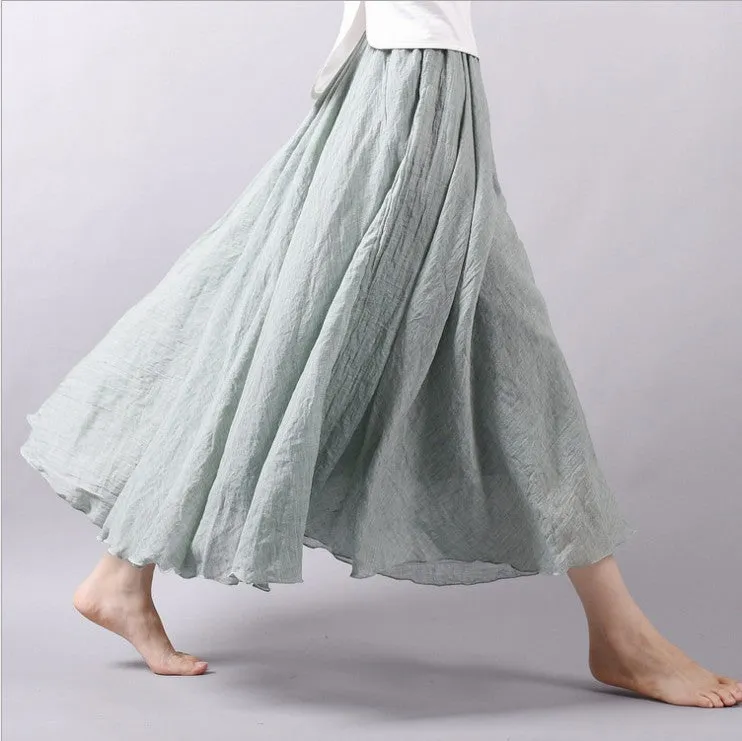 Women Linen Cotton Long Skirts Elastic Waist Pleated Maxi Skirts Beach Boho Vintage Summer Skirts Faldas Saia