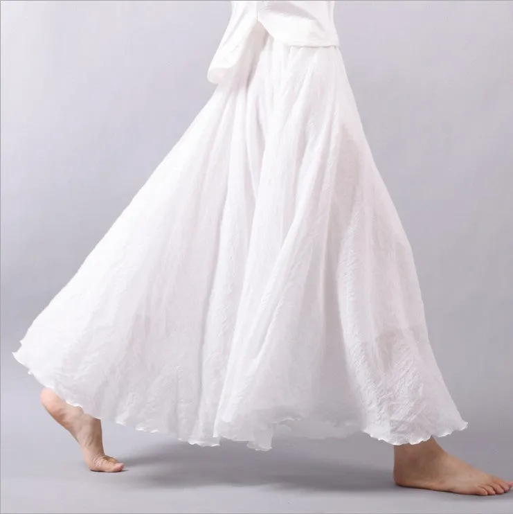 Women Linen Cotton Long Skirts Elastic Waist Pleated Maxi Skirts Beach Boho Vintage Summer Skirts Faldas Saia