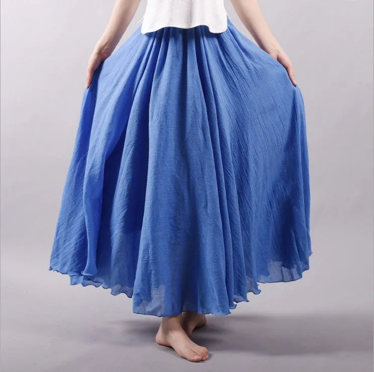 Women Linen Cotton Long Skirts Elastic Waist Pleated Maxi Skirts Beach Boho Vintage Summer Skirts Faldas Saia