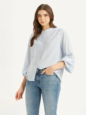 Women's Geometric Light Blue Band Neck Top