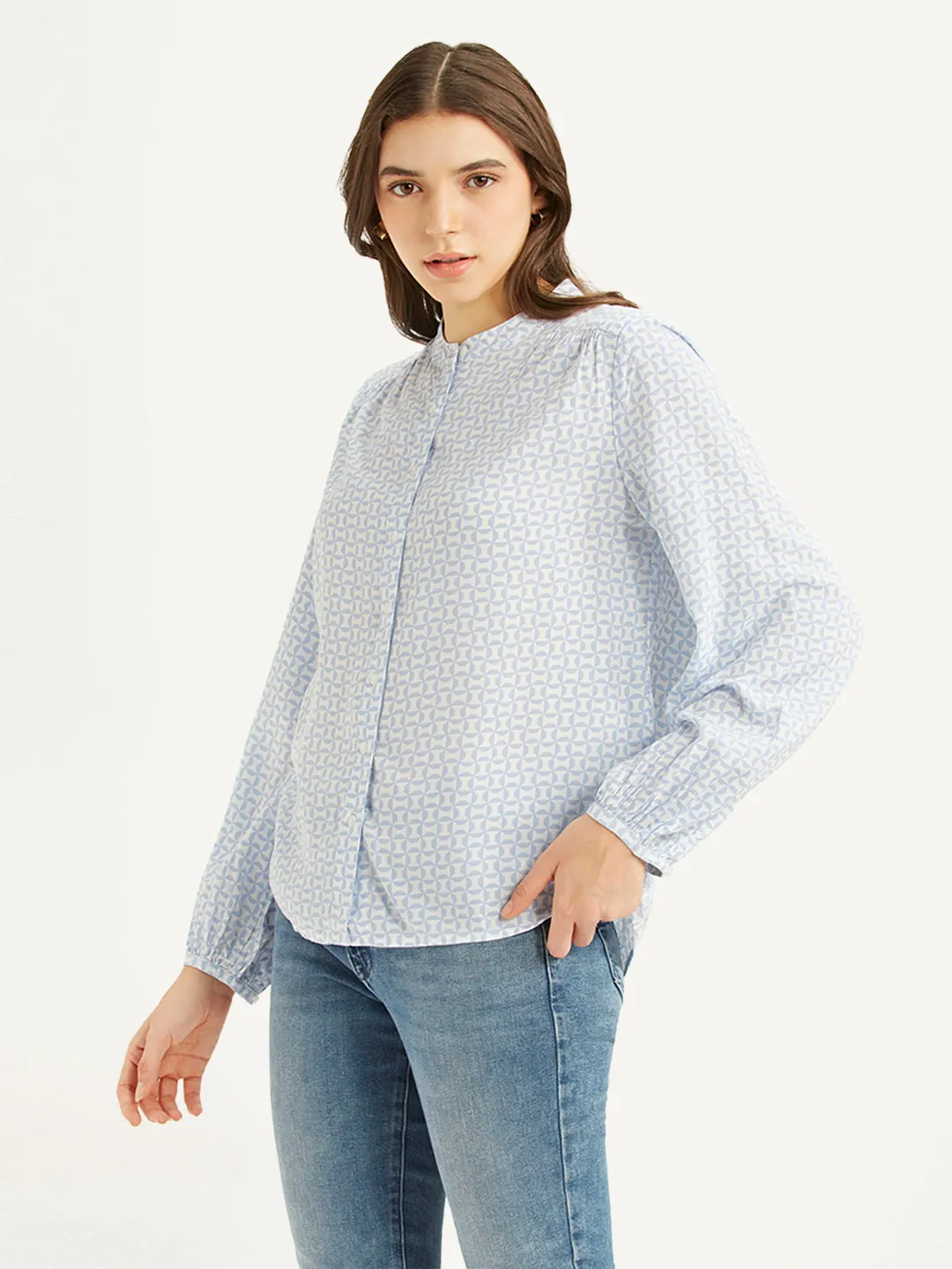 Women's Geometric Light Blue Band Neck Top