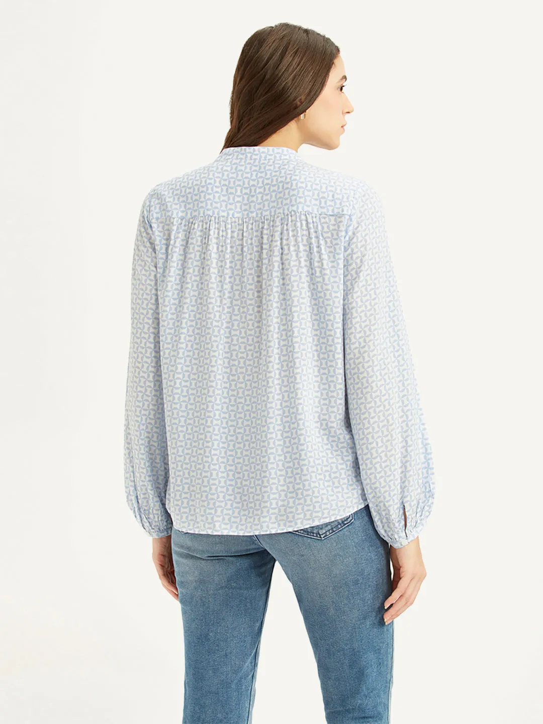 Women's Geometric Light Blue Band Neck Top