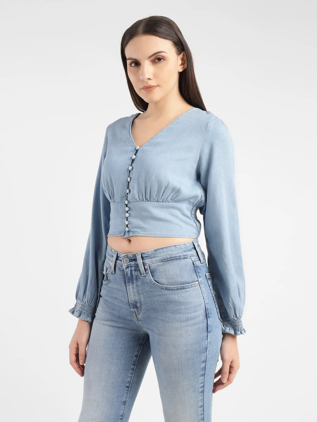 Women's Solid Light Blue V Neck Top