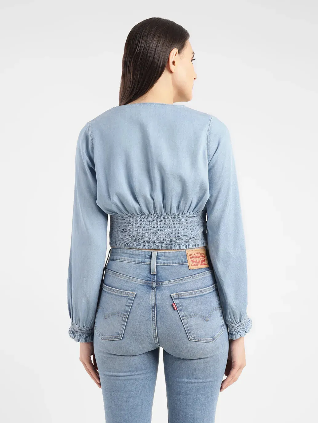 Women's Solid Light Blue V Neck Top
