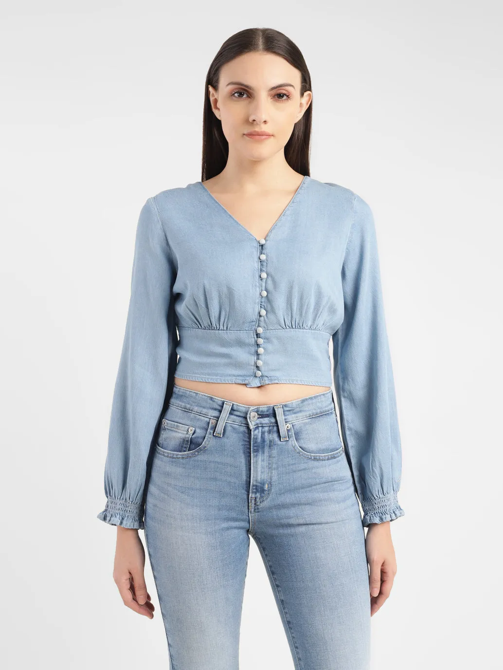 Women's Solid Light Blue V Neck Top