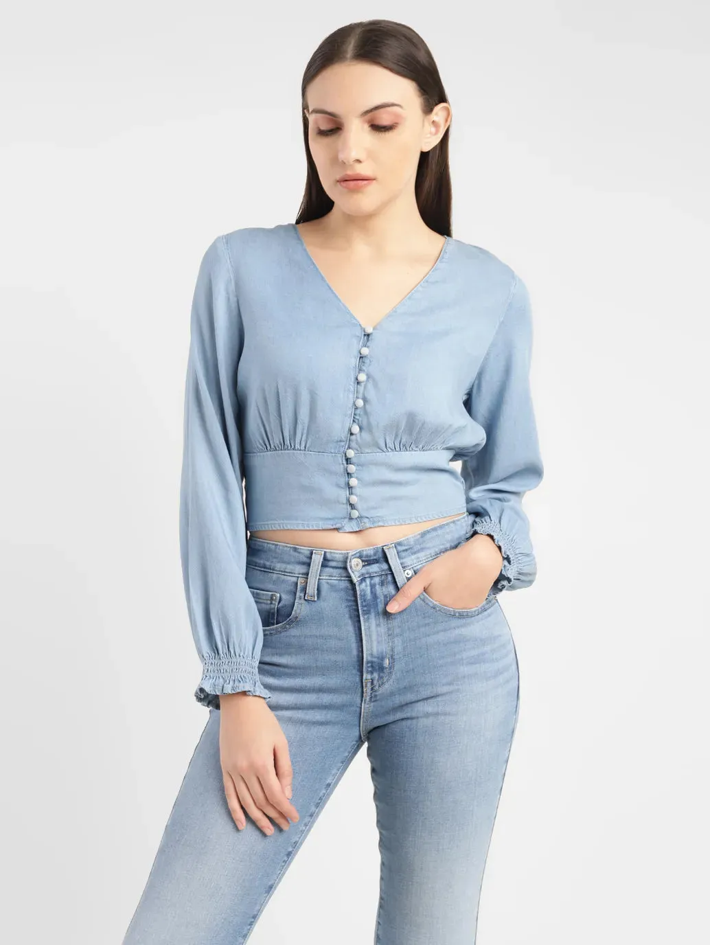 Women's Solid Light Blue V Neck Top