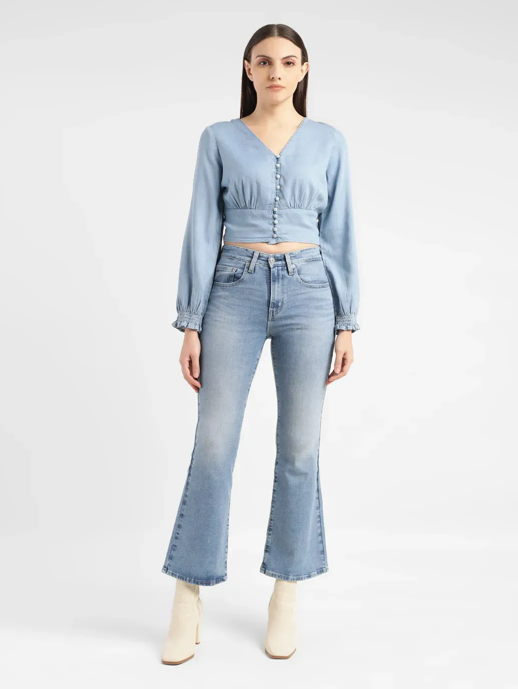 Women's Solid Light Blue V Neck Top