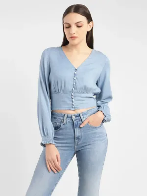 Women's Solid Light Blue V Neck Top