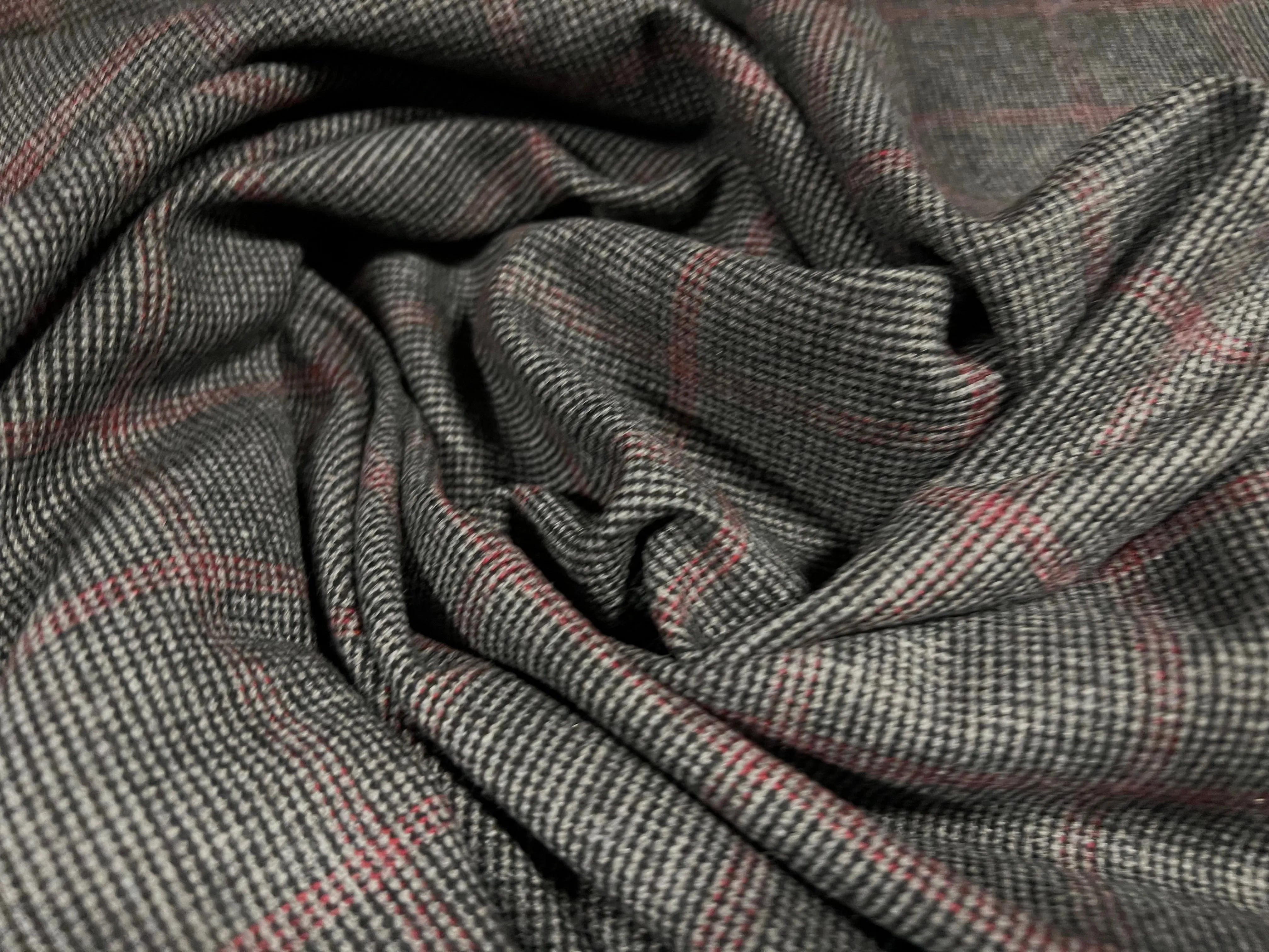 Wool blend tweed woven suit jacket fabric, per metre - fine check - grey & red