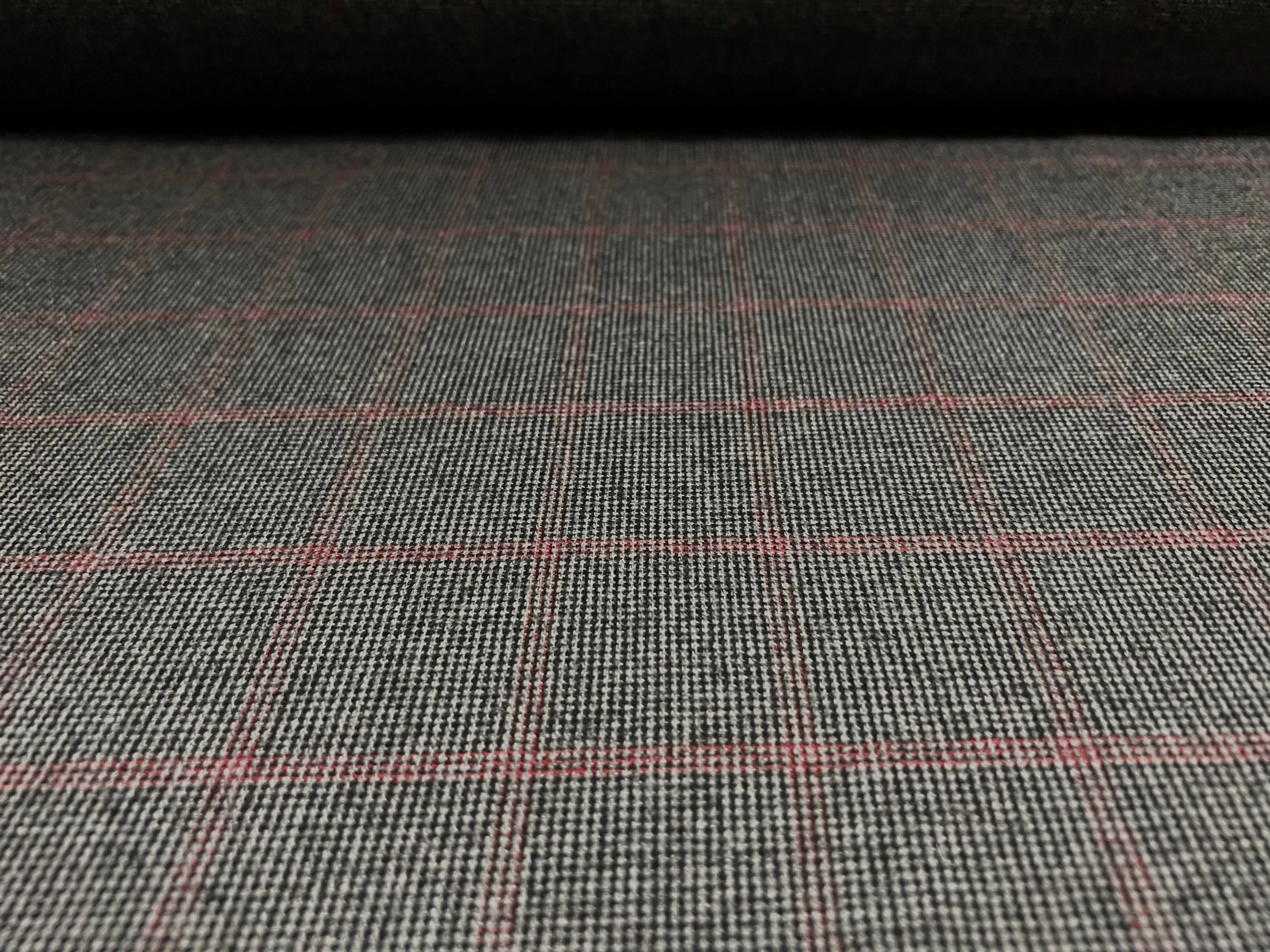 Wool blend tweed woven suit jacket fabric, per metre - fine check - grey & red