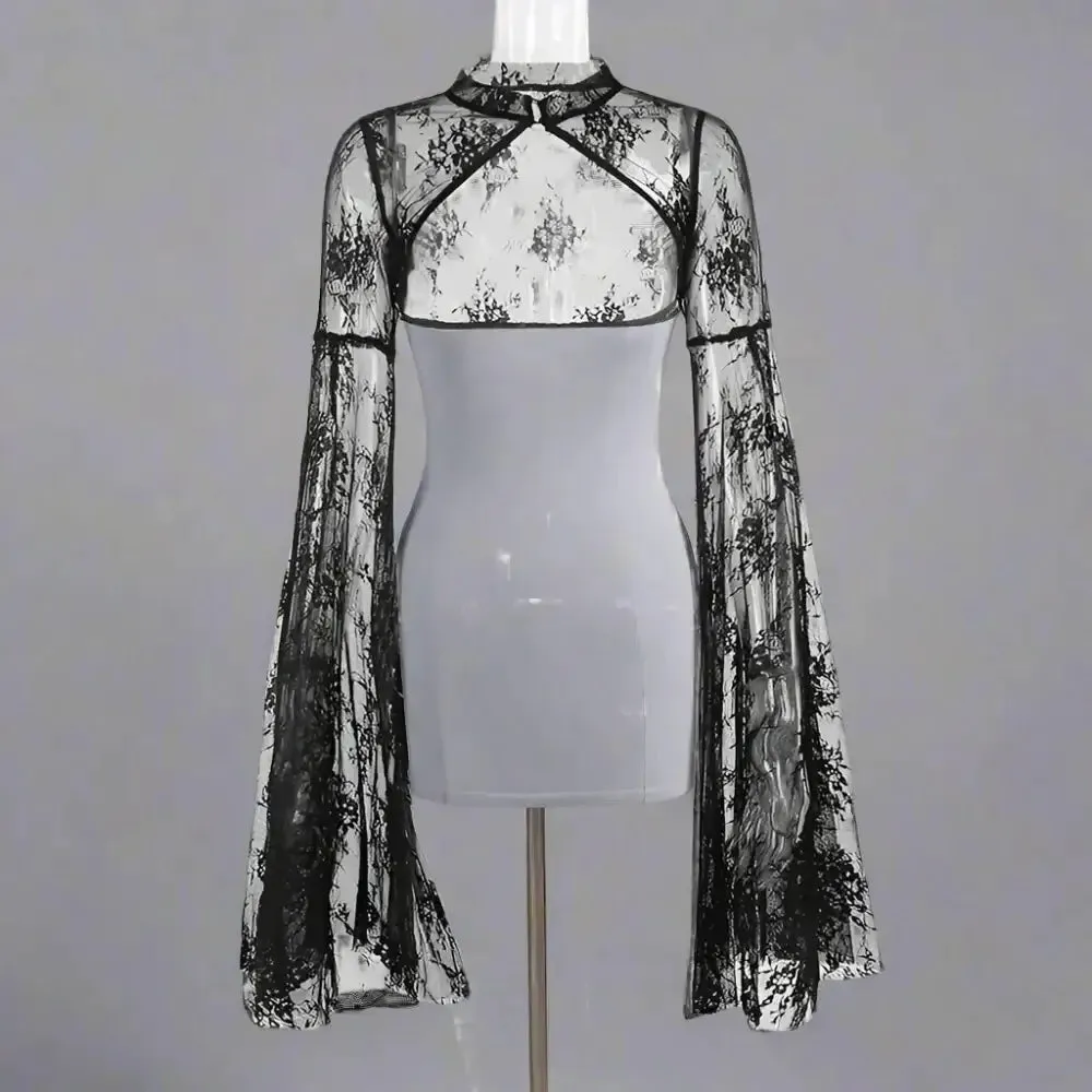 Y2K Sheer Lace O-Neck Blouse for Women with Slim Fit